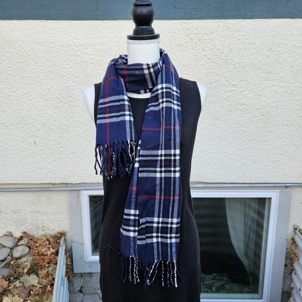 navy plaid cashmere scarf with union jack logo